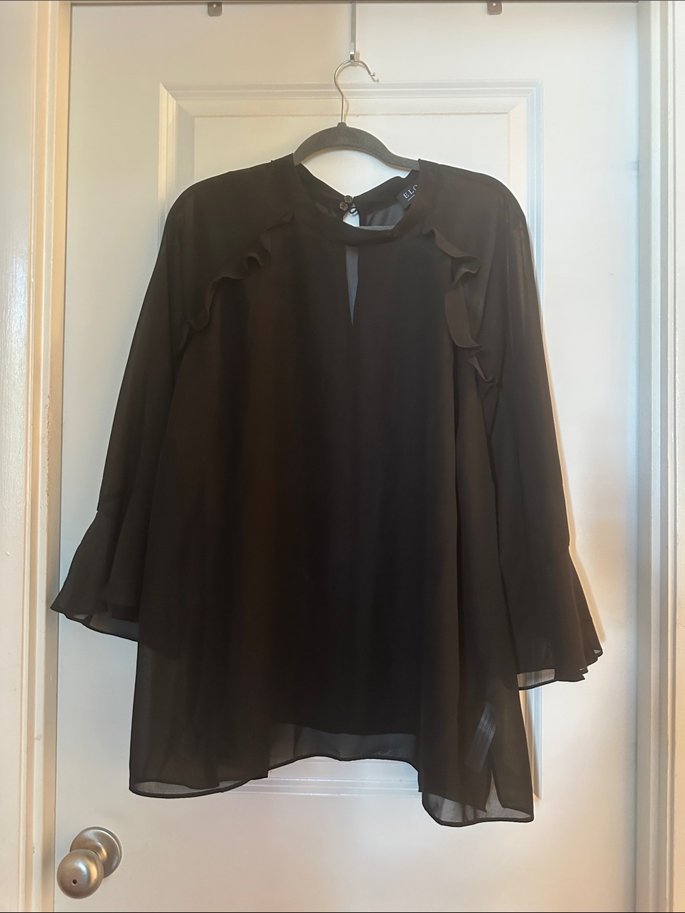Eloquii Black Ruffle Keyhole Sheer Chiffon Blouse